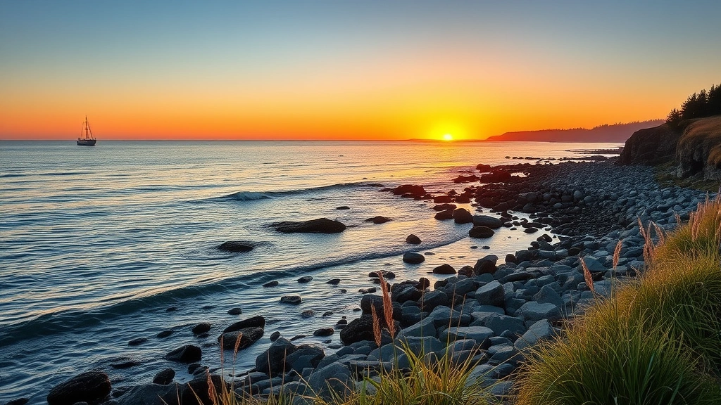 Scenic coastal waterfront view at sunset with calm waters, golden hour lighting, rocky shoreline, beach grass, peaceful maritime landscape, no people or text visible, natural Oregon coast scenery
