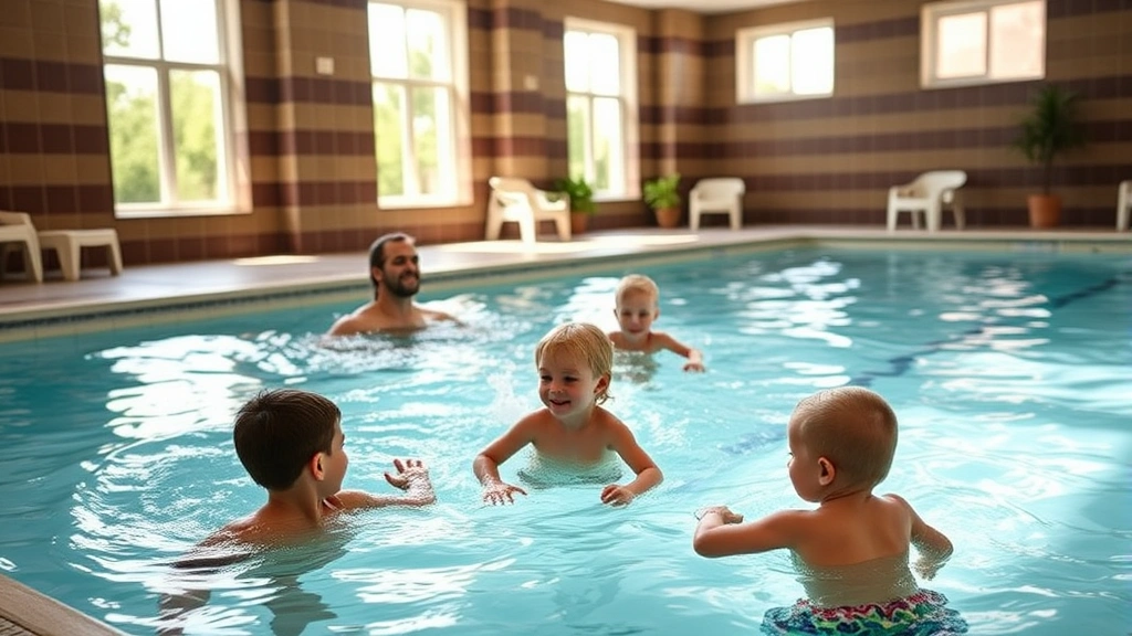 Family enjoying hotel amenities - children playing in indoor swimming pool area, parents relaxing nearby, bright natural lighting from windows, modern pool facility with tiled surroundings, vacation atmosphere, no identifying faces or logos