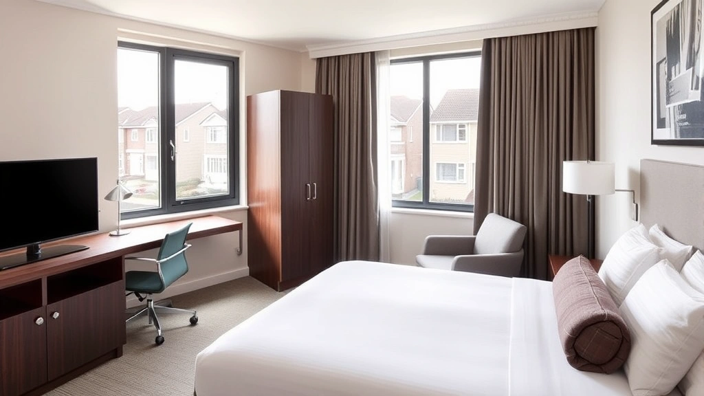Modern hotel room interior with neatly made bed, neutral color scheme, desk with chair, and natural daylight from window overlooking residential neighborhood