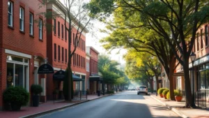 Charming historic Virginia town street with brick buildings and mature trees, morning sunlight, peaceful small-town atmosphere, no text or signage visible