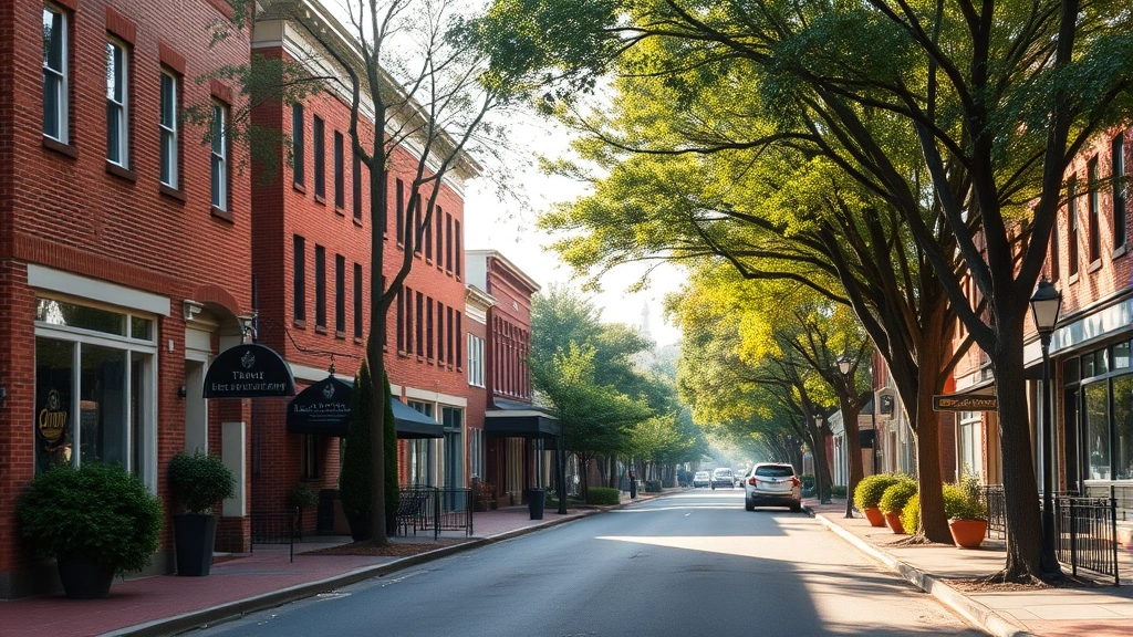 Charming historic Virginia town street with brick buildings and mature trees, morning sunlight, peaceful small-town atmosphere, no text or signage visible