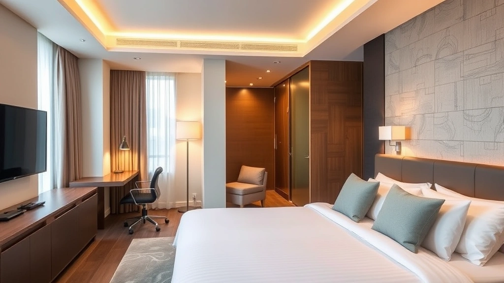 Modern hotel room interior with comfortable bed, warm lighting, work desk, contemporary furnishings, welcoming residential aesthetic