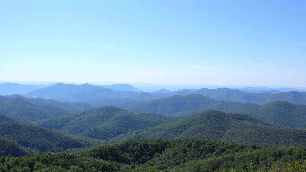 Scenic Blue Ridge Mountain landscape with rolling hills, green forests, clear sky, peaceful natural setting, no buildings or text visible