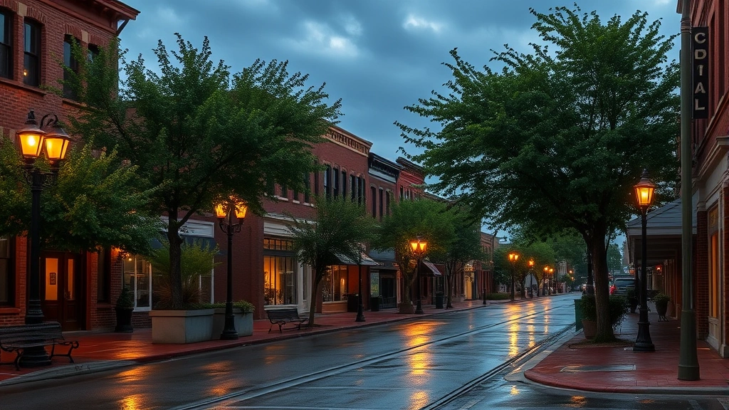 Charming downtown Danville Kentucky street with historic brick buildings, tree-lined sidewalks, and evening lamp lighting reflecting on wet pavement after rain, no visible signage or text