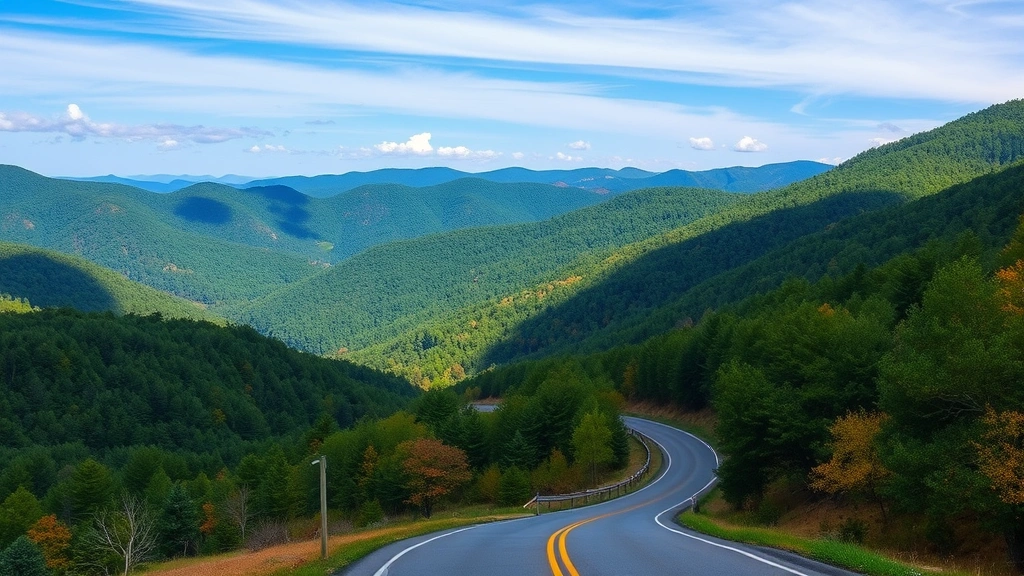 Scenic North Georgia mountain landscape with winding road, dense green forests, blue sky, autumn foliage hints, peaceful valley vista, no buildings or text visible
