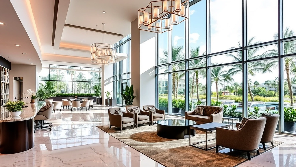 Modern hotel lobby in Doral, Florida with contemporary furniture, marble floors, and bright natural lighting from floor-to-ceiling windows overlooking tropical landscaping
