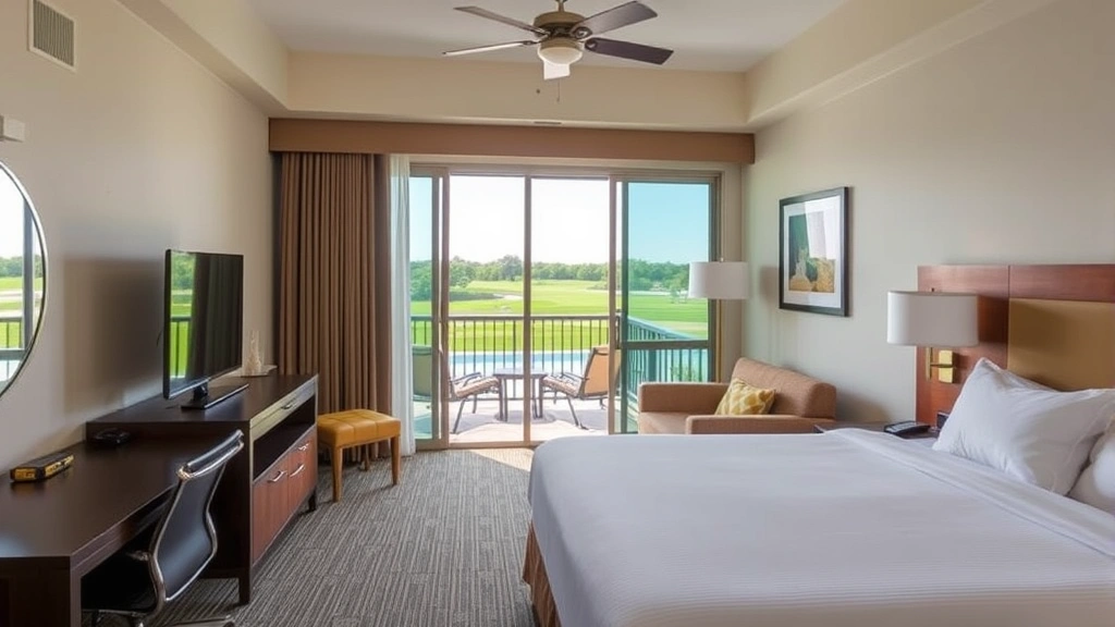 Spacious hotel guest room with king bed, modern amenities, work desk, flat-screen TV, and sliding glass door opening to a private balcony with golf course or pool views