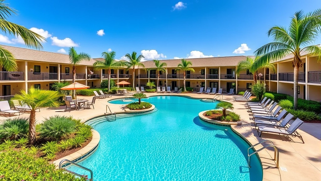 Resort-style outdoor swimming pool surrounded by lounge chairs and palm trees, with tropical vegetation and clear blue water reflecting bright Florida sunshine