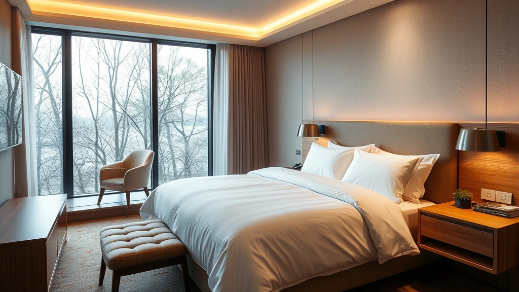 Photorealistic modern hotel room with clean white bedding, wooden furniture, and warm lighting overlooking a window with trees visible outside, contemporary hospitality interior design
