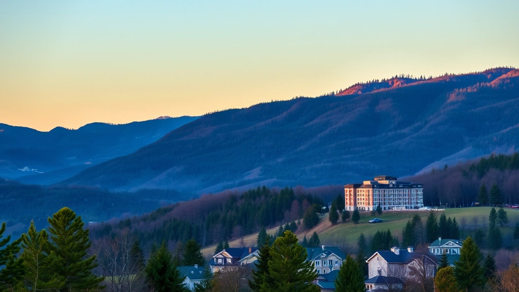 Scenic outdoor view of Blue Ridge Mountain foothills with hotel building nestled among landscape, late afternoon golden hour lighting, residential mountain setting with pine trees