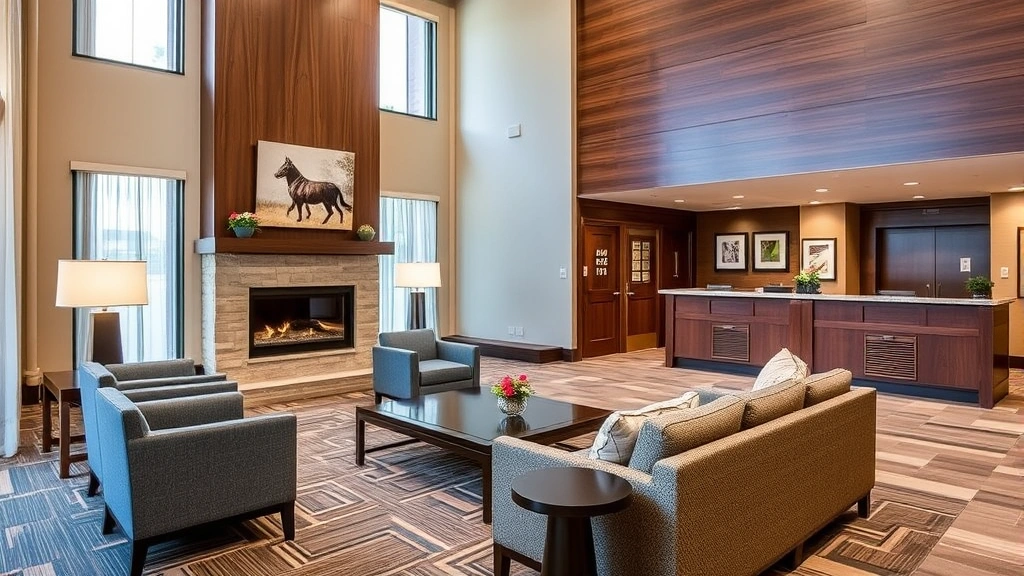 Hotel lobby interior with comfortable seating area, fireplace, welcoming check-in desk, warm wood tones and neutral décor, inviting hospitality atmosphere for arriving guests