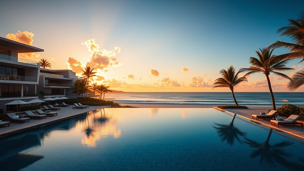 Luxurious beachfront hotel with infinity pool overlooking Pacific Ocean, modern architecture blending into tropical landscape, sunset light, lounge chairs and palm trees