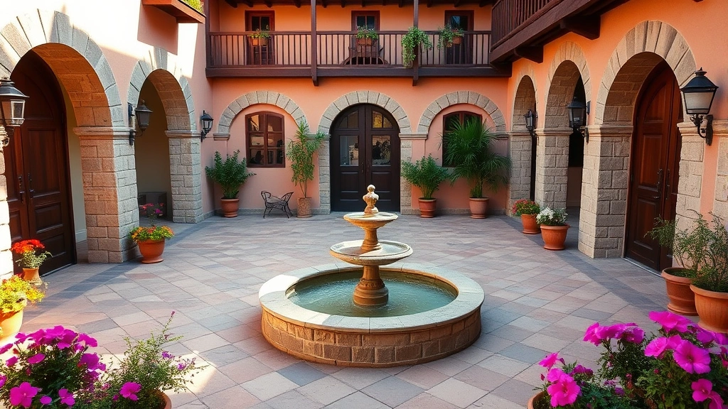 Charming colonial-style hotel courtyard with traditional Spanish architecture, colorful flowers, stone arches, wooden doors, peaceful fountain in center, warm afternoon light