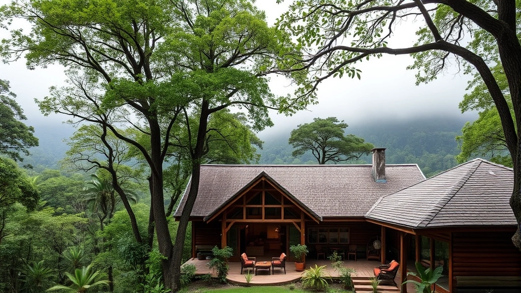 Eco-lodge nestled in lush green forest canopy, wooden architecture with natural materials, open-air common area, misty mountains in background, sustainable design elements visible