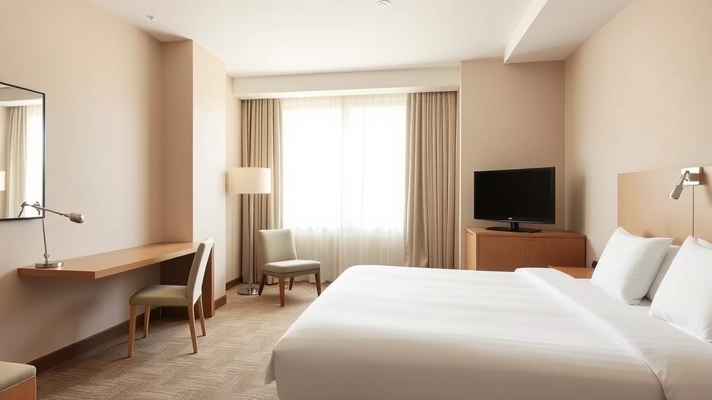 Modern budget hotel room with clean queen bed, work desk, neutral beige walls, bright overhead lighting, and simple functional furniture in daytime natural light