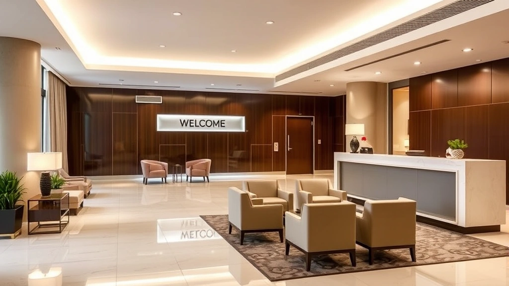 Contemporary hotel lobby interior featuring comfortable seating area with armchairs, welcoming front desk counter, bright LED lighting, and neutral contemporary decor