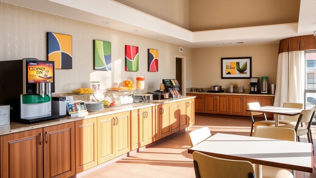 Cheerful hotel breakfast area with continental offerings displayed on counter, coffee station, and dining tables with chairs in bright morning daylight