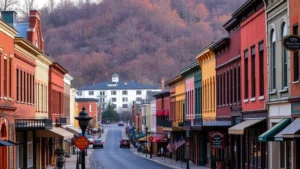 Charming Victorian-era downtown street in Eureka Springs with historic buildings, gas lamps, and brick architecture nestled on hillside terrain, golden hour lighting, no visible signage or text