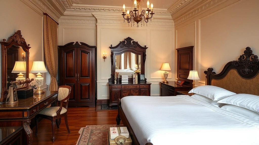 Elegant hotel bedroom interior featuring period Victorian furnishings, ornate headboard, antique furniture, soft lighting, luxury linens on bed, hardwood flooring, no visible room numbers or identifying markers