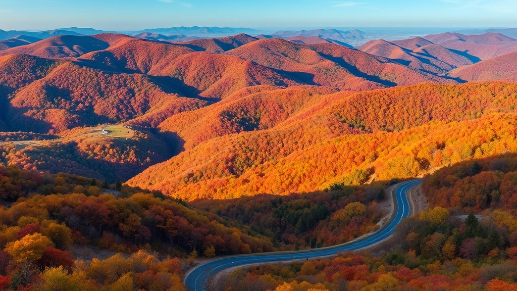 Scenic Ozark Mountains landscape with forested hillsides, winding roads through autumn foliage, peaceful valley views, natural terrain, no buildings or structures visible, golden natural lighting