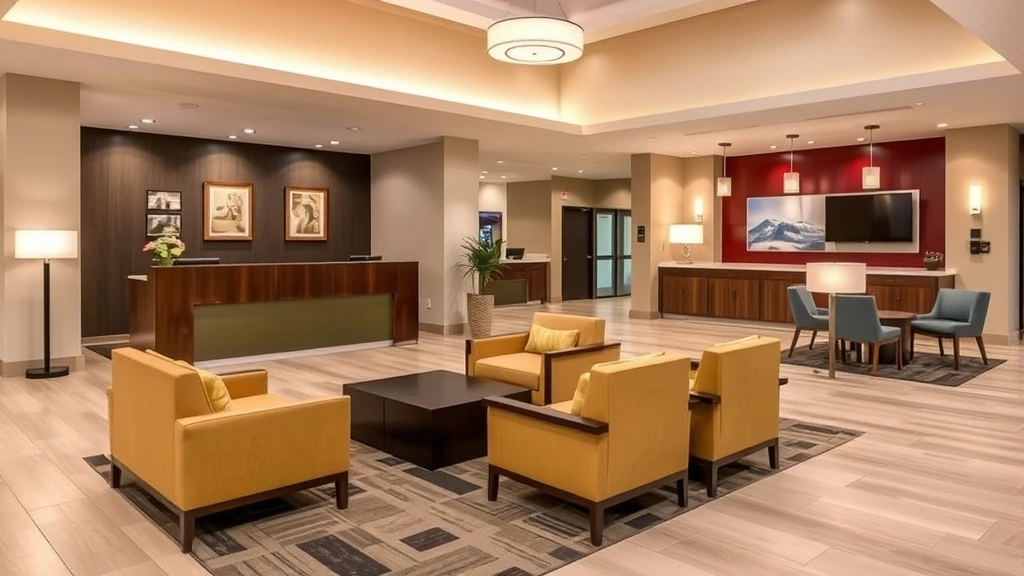 Modern hotel lobby with comfortable seating, warm lighting, and contemporary furnishings in an Iowa hotel, showing check-in desk area and welcoming entrance space