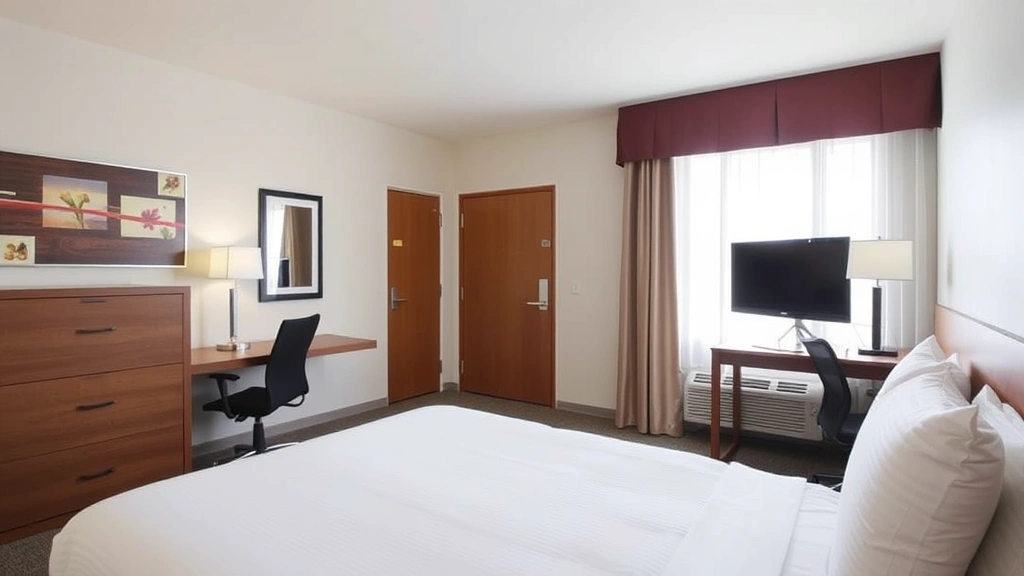 Spacious hotel room with queen bed, desk workspace, flat-screen TV, and clean modern decor representing mid-range Iowa hotel accommodations for travelers