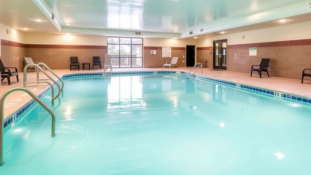 Indoor hotel swimming pool with clear water, comfortable seating around deck, and clean facility representing family-friendly amenities at Iowa lodging properties