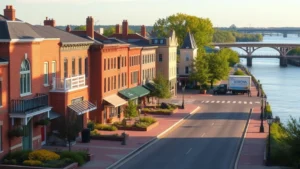 Charming riverside town street view with brick buildings and landscaping, Mississippi River visible in background, morning light, residential and commercial architecture mixed