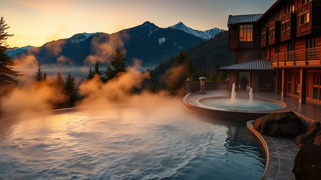 Luxurious hotel spa or hot spring facility with steam rising from naturally heated water, surrounding landscape of evergreen trees and mountain peaks at dusk