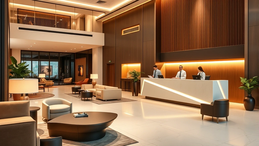 Modern hotel lobby with contemporary furniture, soft lighting, and elegant reception desk with professional staff checking in guests, clean minimalist aesthetic, warm ambient lighting, professional hospitality environment
