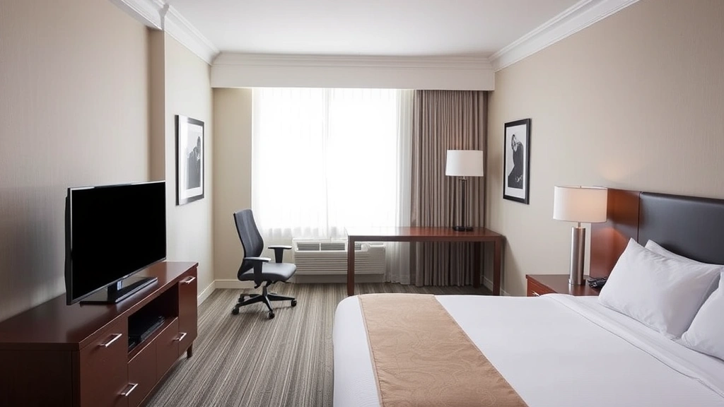 Comfortable hotel room interior with king bed, modern bedding, flat-screen TV, work desk with ergonomic chair, contemporary decor, neutral color palette, inviting and clean space with natural light from window