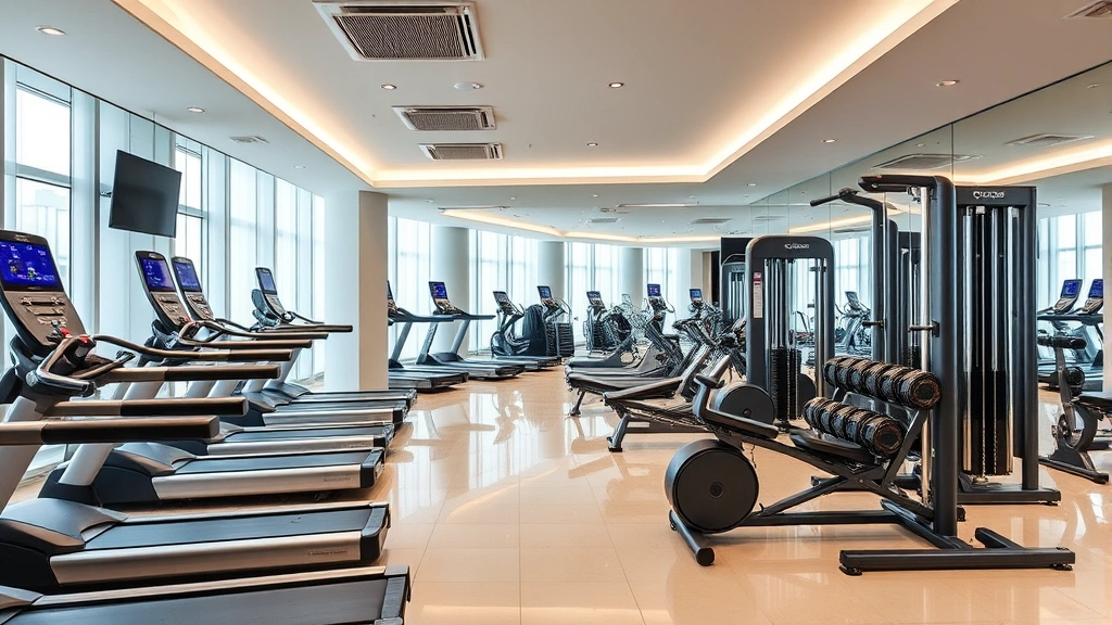 Hotel fitness center with cardio equipment, free weights, mirrors, modern gym machines, bright lighting, clean polished floors, contemporary wellness space with motivational atmosphere, no people visible