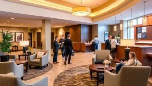 Modern hotel lobby with comfortable seating, warm lighting, and contemporary décor in a Pennsylvania town setting. Business travelers and families checking in at reception desk with professional staff.