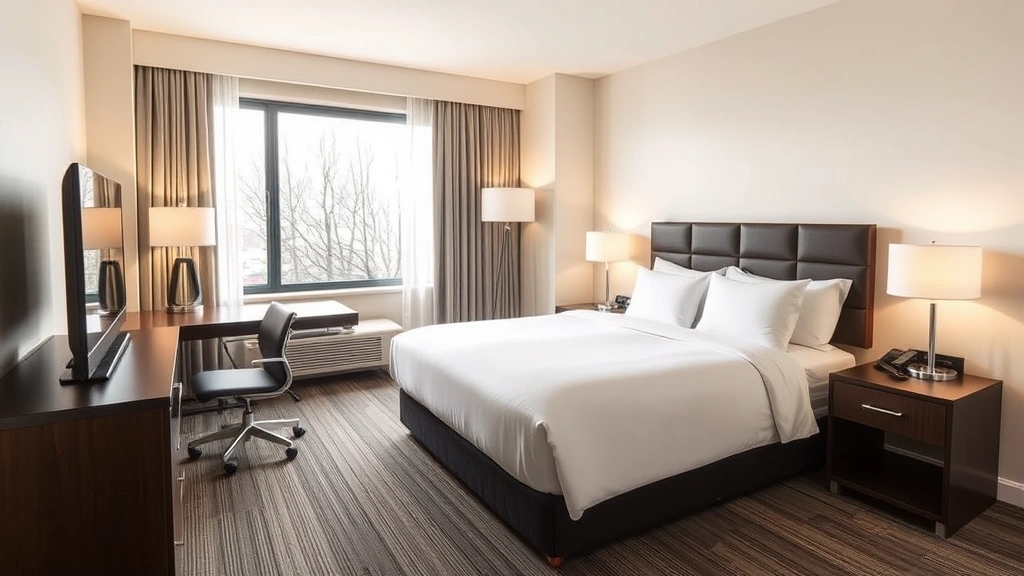 Modern hotel room with comfortable queen bed, desk workspace, and neutral contemporary décor, natural light from window showing residential trees outside, clean minimalist design