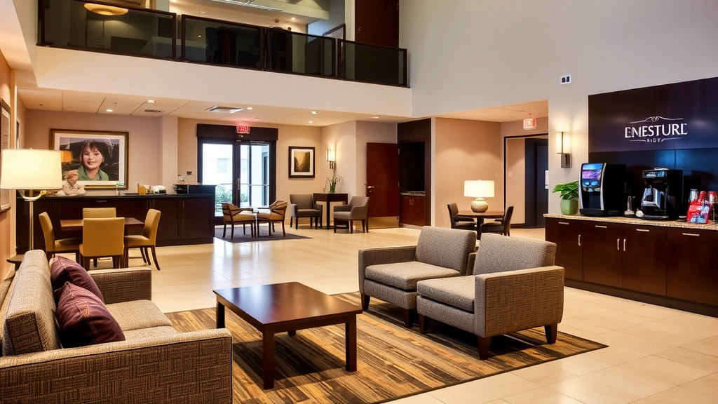 Hotel lobby or common area with comfortable seating arrangement, coffee station, and welcoming atmosphere, featuring warm lighting and professional furnishings, inviting ambiance for guests