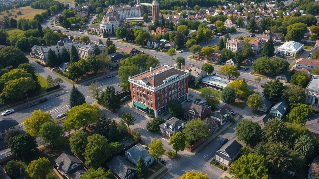 Aerial view of small town residential neighborhood with hotel building among tree-lined streets, showing typical mid-size American town landscape with scattered houses and commercial buildings