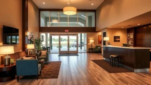 Modern hotel lobby with comfortable seating, warm lighting, and professional front desk area in Kirksville Missouri style
