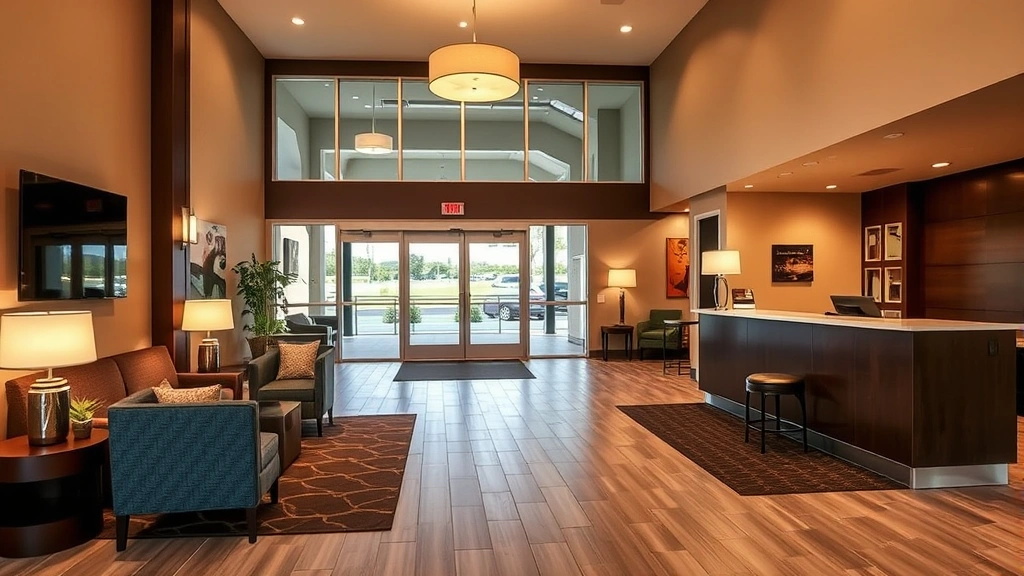 Modern hotel lobby with comfortable seating, warm lighting, and professional front desk area in Kirksville Missouri style