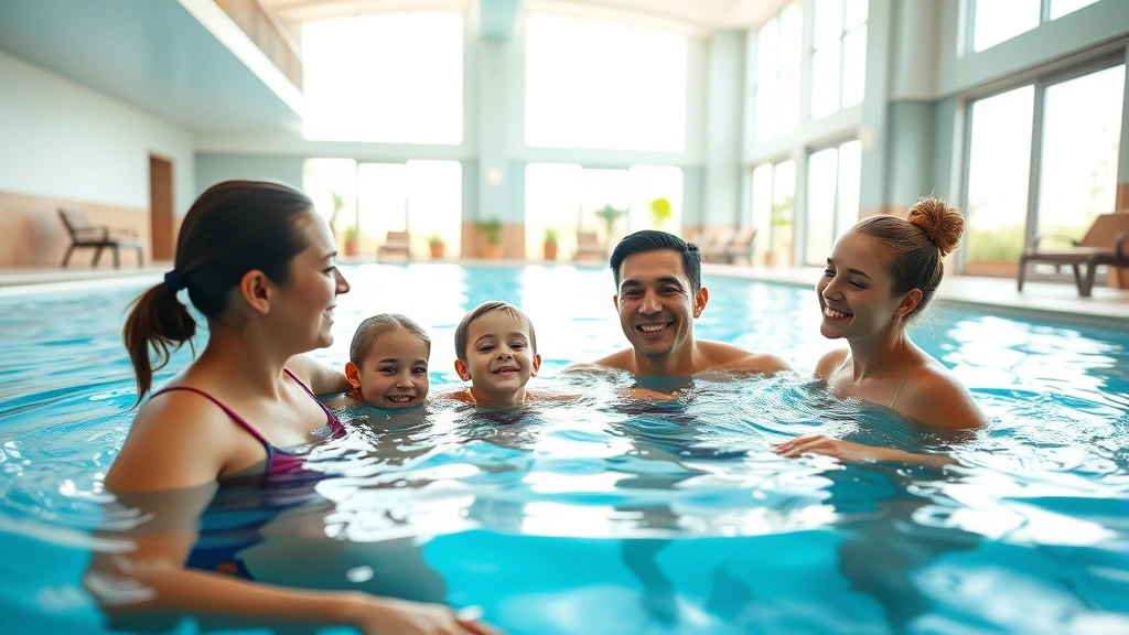 Family enjoying indoor swimming pool at hotel with bright natural light, clean water, and welcoming atmosphere