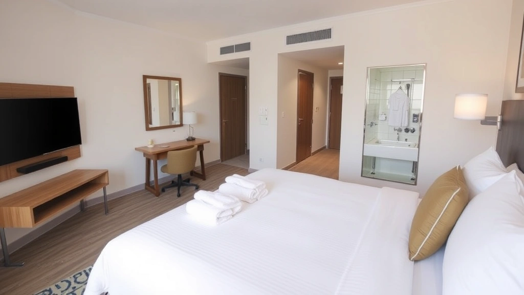 Spacious hotel room with queen bed, work desk, flat-screen TV, and clean bathroom with towels and amenities