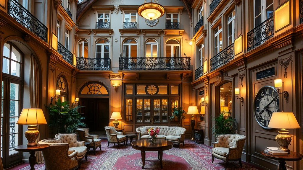 Charming Parisian hotel lobby with period details, warm lighting, and elegant furniture in a historic building, showcasing Belle Époque architecture and contemporary comfort