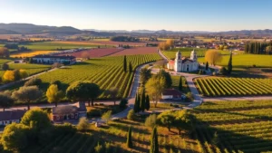 Aerial view of Los Olivos village with tree-lined streets, vineyard fields, and mission-style architecture in background, golden hour sunlight, wine country landscape