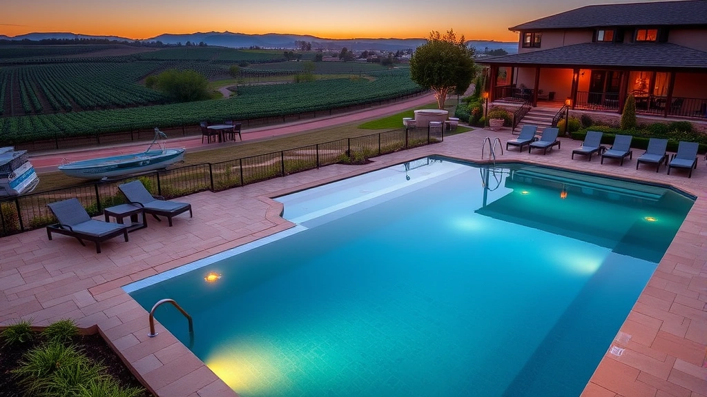 Resort spa facility with heated infinity pool overlooking vineyards, lounge chairs, garden landscaping, sunset lighting, California wine country setting