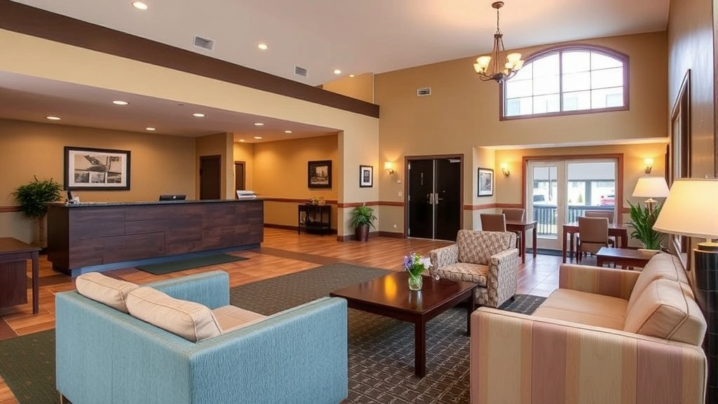 Warm, inviting hotel lobby with comfortable seating areas, modern reception desk, soft lighting, and welcoming atmosphere reflecting small-town hospitality