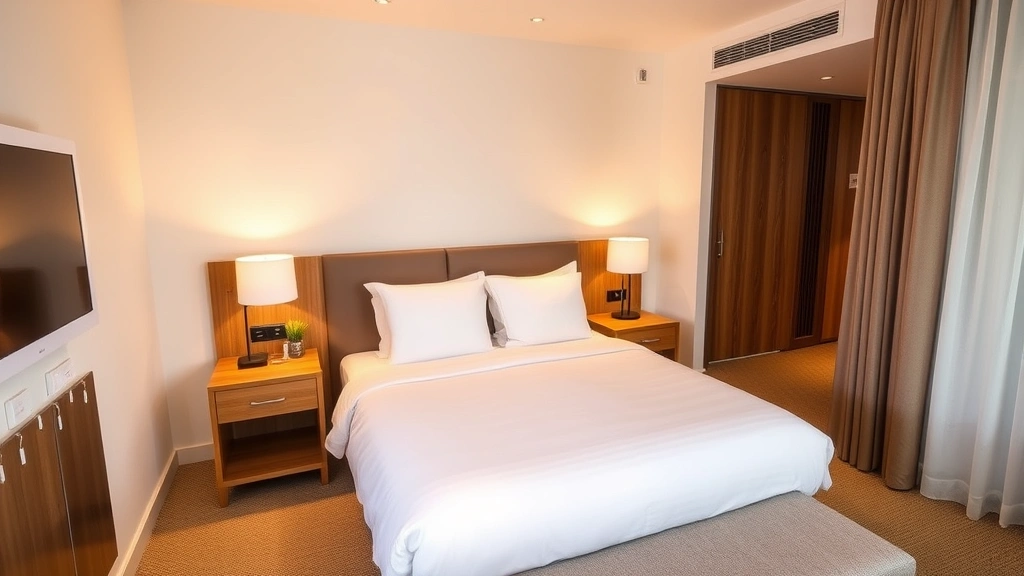 Cozy hotel room with modern furnishings, clean white bedding, wooden nightstands, and warm lighting creating inviting atmosphere