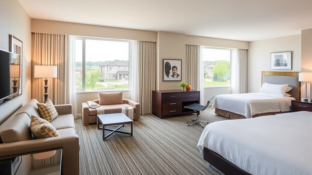 Spacious hotel suite with comfortable seating area, separate bedroom space, modern furniture, and bright windows overlooking residential area