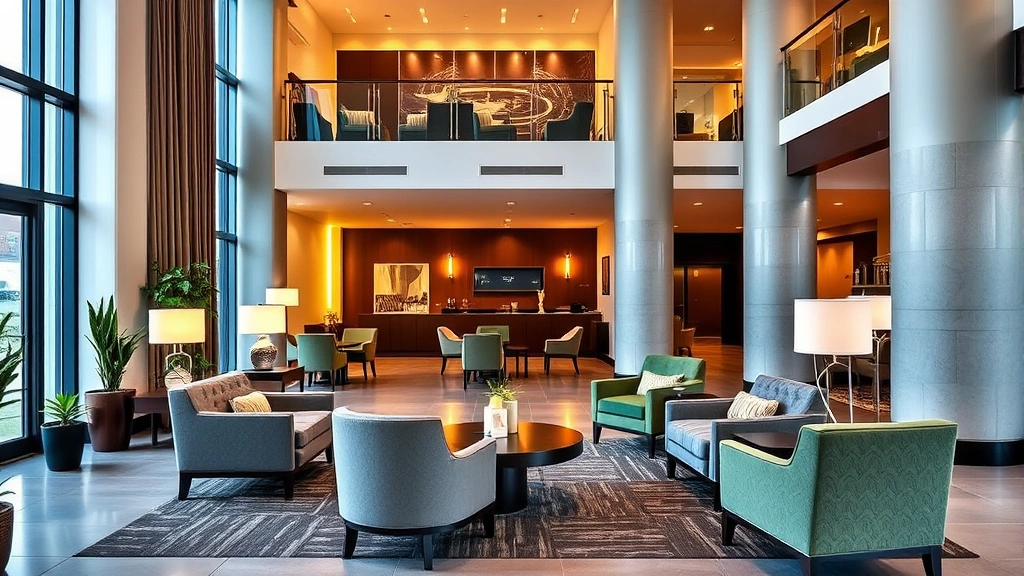 Modern hotel lobby with comfortable seating, warm lighting, and contemporary furnishings in a welcoming atmosphere