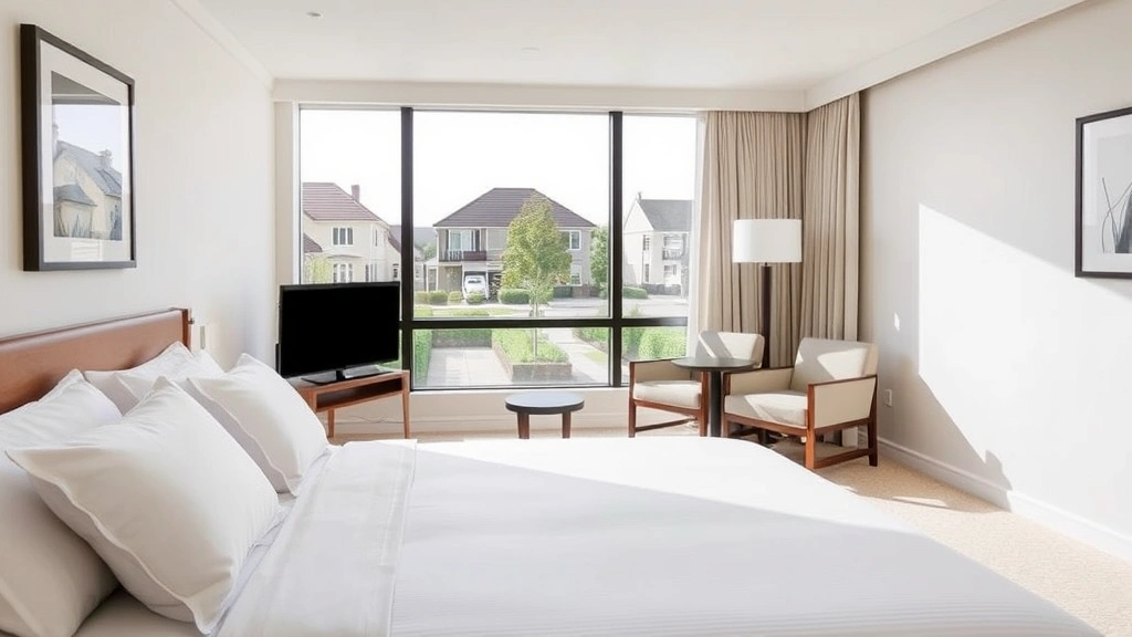 Spacious hotel bedroom with clean white bedding, comfortable pillows, and neutral décor overlooking a peaceful residential area