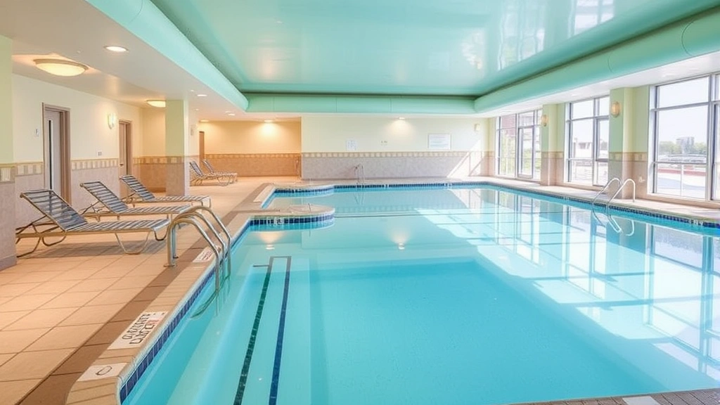 Indoor swimming pool area with clear water, lounge chairs, and bright natural lighting in a hotel facility