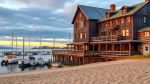 Coastal waterfront hotel exterior with weathered wood architecture overlooking calm harbor water at sunrise, boats docked nearby, sandy beach in foreground, realistic photo